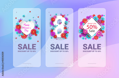 set womens day 8 march holiday celebration sale banners flyers or greeting cards with flowers horizontal vector illustration