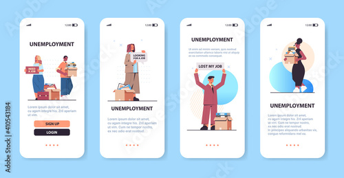 set mix race businesspeople holding boxes with stuff and need a job posters unemployment concept smartphone screens collection horizontal copy space vector illustration