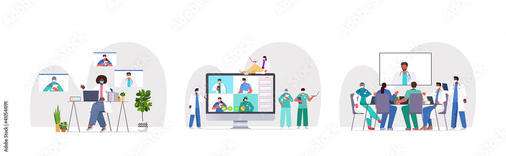 set doctors having video conference mix race medical specialists discussing during virtual meeting medicine healthcare concept horizontal full length vector illustration