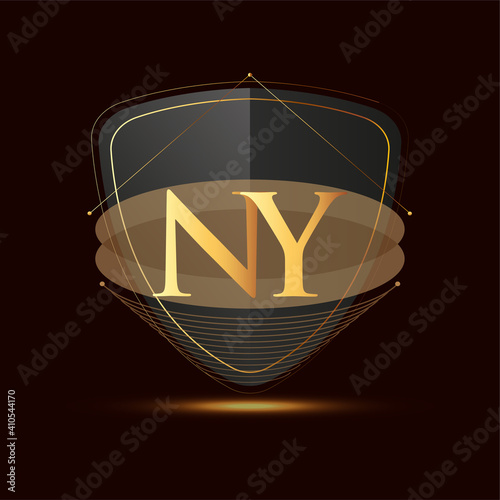 Initial logo letter NY with shield Icon golden color isolated on dark background, logotype design for company identity.