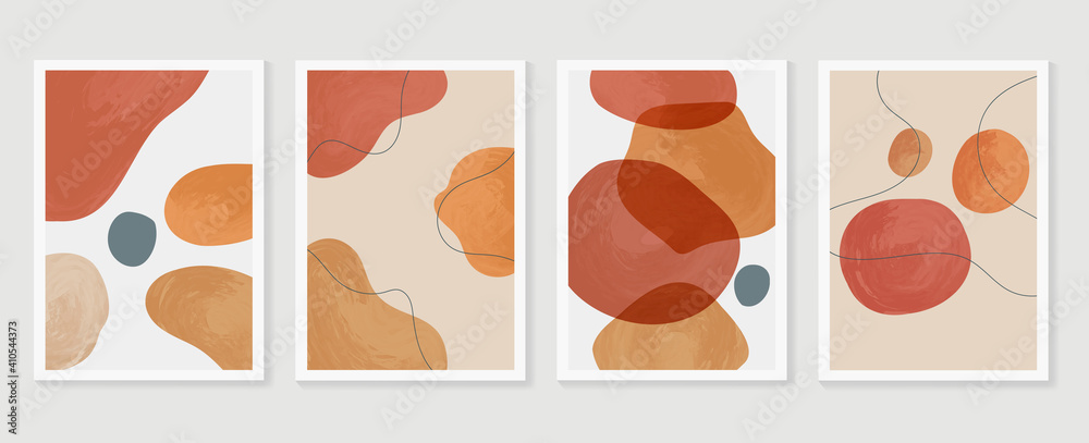 Abstract wall arts background vector set.  Earth tones organic shape watercolor paint art brush design for wall framed prints, canvas prints, poster, home decor, cover, wallpaper. Vector illustration