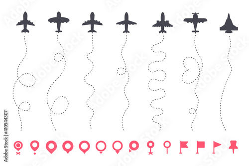 Airplane routes. Travel vector icon. Travel from start point and dotted line tracing.