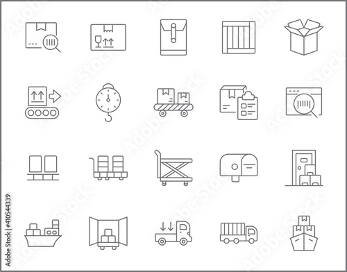 Set of logistics and delivery line style. It contains such Icons as box, shopping, commerce, retail, trade, merchandise, container, vehicle, truck and other elements. customize color, easy resize.