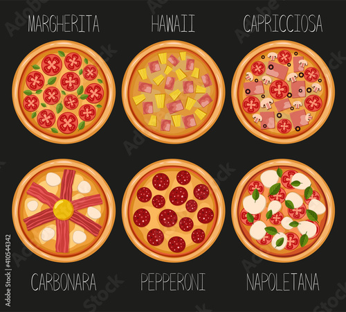 A set of six pizzas. Vector illustration of italian food pizza
