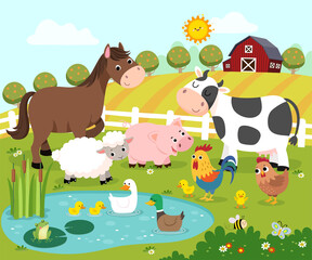 Fototapete Bauernhof Lustige Bauernhoftiere im Cartoonstil  © kankhem