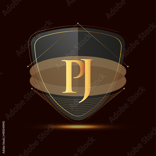 Initial logo letter PJ with shield Icon golden color isolated on dark background, logotype design for company identity.