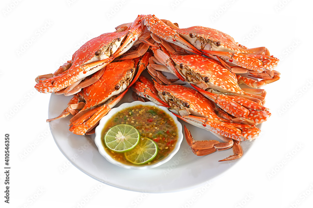 Thai food, steamed fresh crab with with spicy seafood sauce with Isolated on a white background Thai food, steamed fresh crab with with spicy seafood sauce with Isolated on a white background
