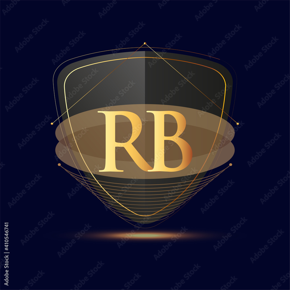 Initial logo letter RB with shield Icon golden color isolated on dark ...