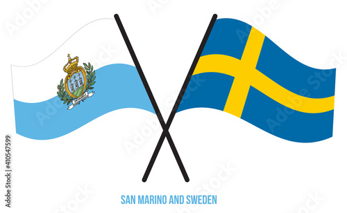 San Marino and Sweden Flags Crossed And Waving Flat Style. Official Proportion. Correct Colors.