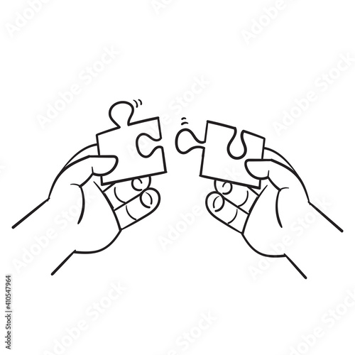 hand drawing of hands solving jigsaw puzzle illustration in doodle style vector