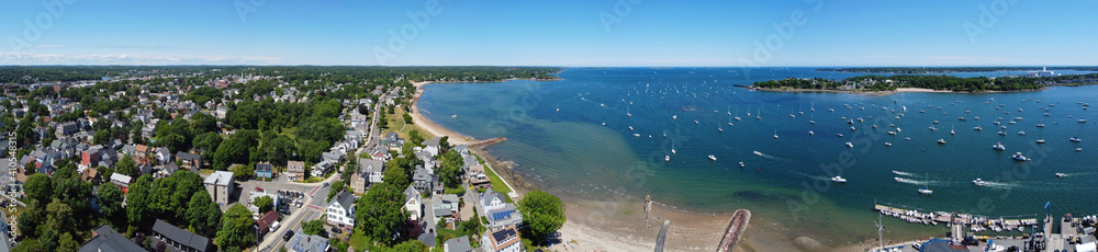 Aerial view panorama of Sandy Point at Danvers River mouth to Salem Harbor in city of Beverly, Massachusetts MA, USA. 