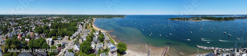 Aerial view panorama of Sandy Point at Danvers River mouth to Salem Harbor in city of Beverly, Massachusetts MA, USA. 