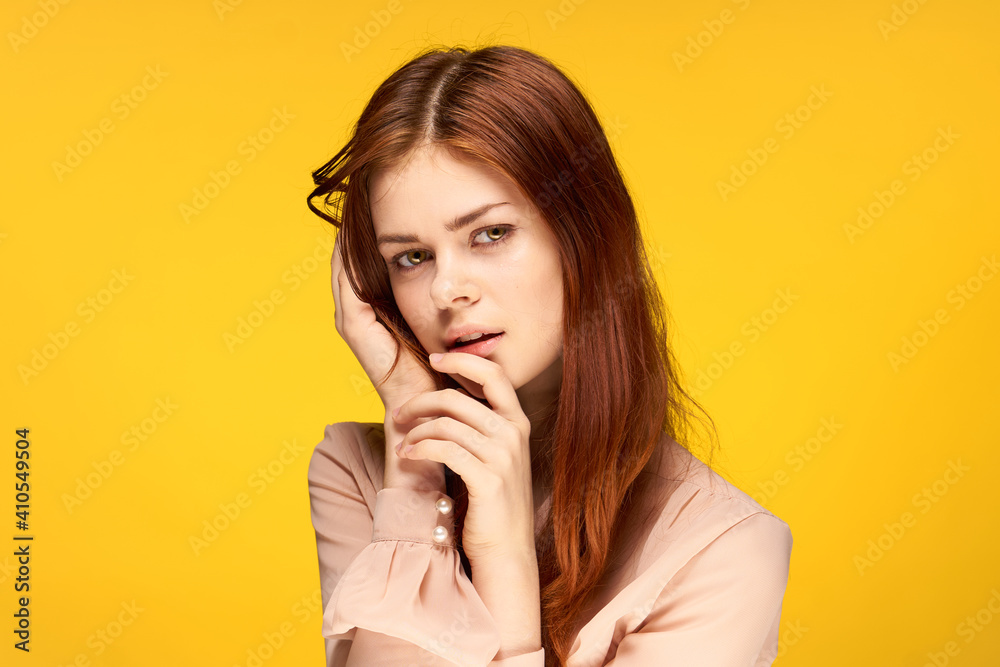 attractive woman emotion home cropped view glamor yellow background attractive woman emotion home cropped view glamor yellow background