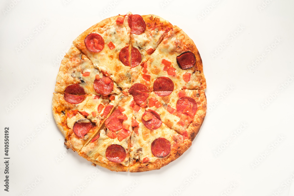 Pepperoni pizza isolated on white background. Italian food concept. Appetizing pizza. Pepperoni pizza isolated on white background. Italian food concept. Appetizing pizza.