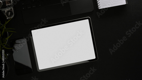 Workspace with digital tablet include clipping path, smartphone and copy space