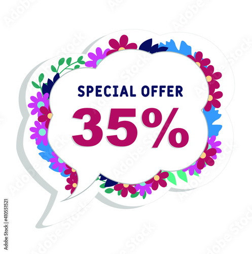 Spring sale background with 35% discount.   Discount offer price tag. Special spring sale with 
flowers and leaves . Set of sale banners. Isolated Background. Banner, flyer, invitation, poster, brochu photo