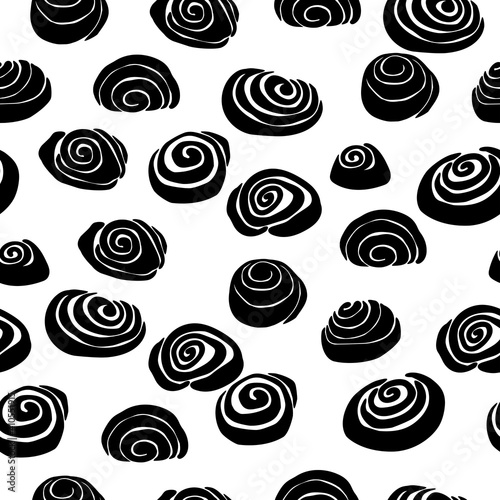 Seamless pattern of silhouettes of cinnamon buns, baking rolls on a white background