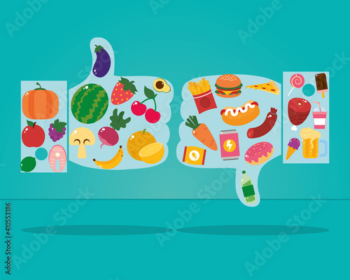 healthy and unhealthy food design with hand with thumbs up and down, colorful design