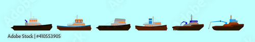 set of tug boat cartoon icon design template with various models. vector illustration isolated on blue background
