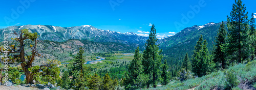 panorama landscape mountain, river and pine tree Sierra Nevada, California 
