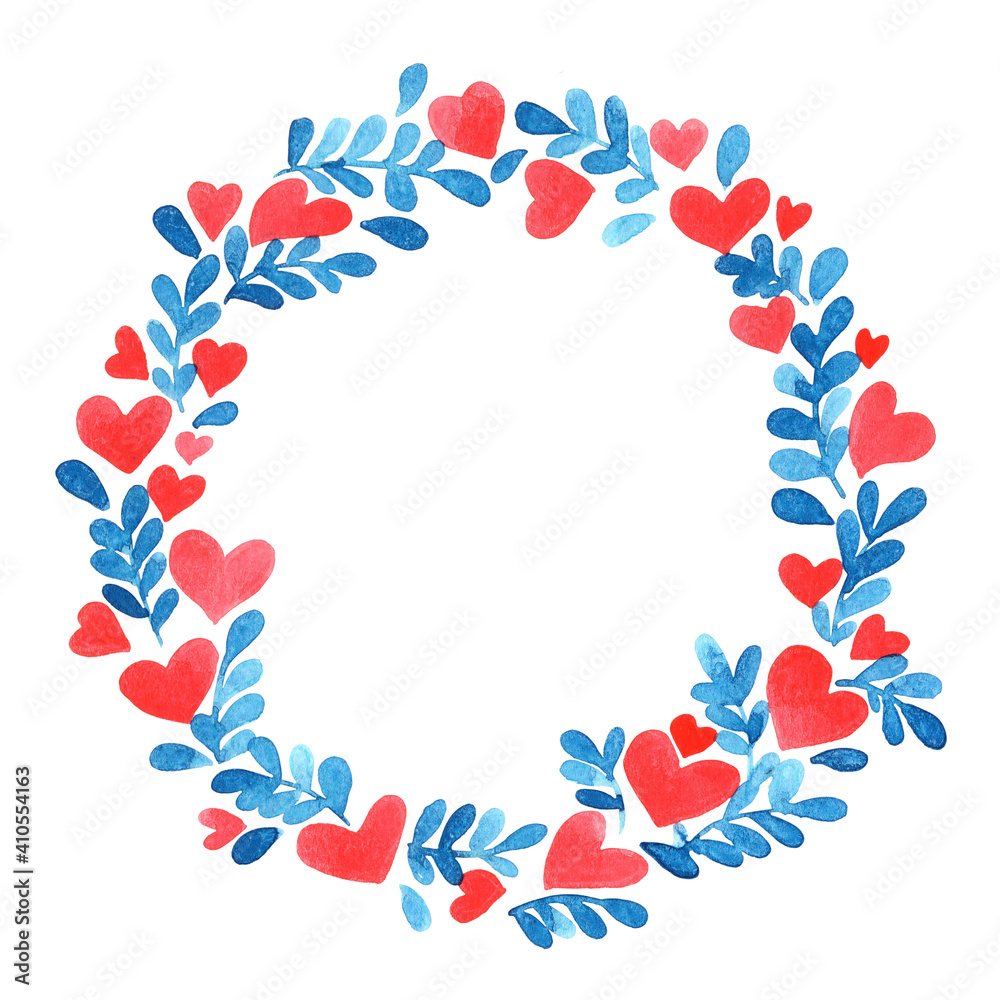 Fototapeta premium Red heart flower and fern leaf wreath watercolor hand painting for decoration on Valentine's day and wedding events.