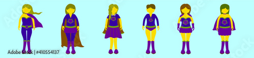 set of super women cartoon icon design template with various models. vector illustration isolated on blue background
