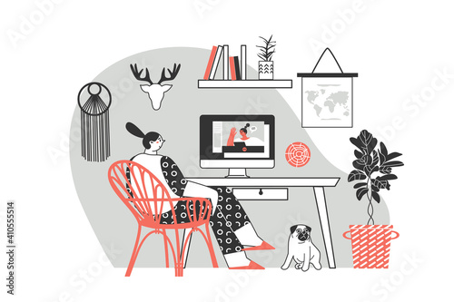 Remote work or distance learning. Work at home. Freelancer character working from home, convenient workplace. Man and woman self employed concept