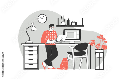 Remote work or distance learning. Work at home. Freelancer character working from home, convenient workplace. Man and woman self employed concept