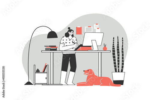 Remote work or distance learning. Work at home. Freelancer character working from home, convenient workplace. Man and woman self employed concept
