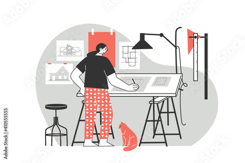 Remote work or distance learning. Work at home. Freelancer character working from home, convenient workplace. Man and woman self employed concept