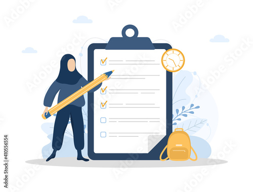 Month planning or to do list concept. Islamic woman in hijab with a giant pencil standing near large checklist on a clipboard paper. Vector illustration in flat cartoon style.