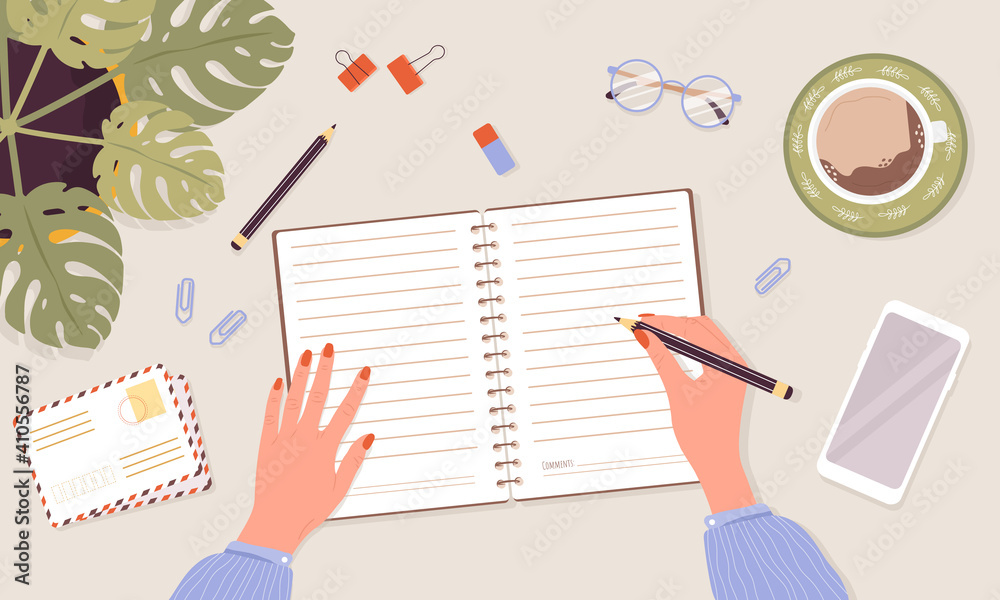Open diary, planner or notebook concept. Woman write journal. Top view workplace with lists, reminders, schedules or agendas. Planning and organization. Vector illustration in flat cartoon style. Open diary, planner or notebook concept. Woman write journal. Top view workplace with lists, reminders, schedules or agendas. Planning and organization. Vector illustration in flat cartoon style.
