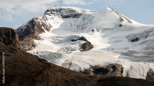 September 2020: Closeup of one of the rocky mountain glaciers that feeds the Columbia Ice Field in Alberta, Canada. 