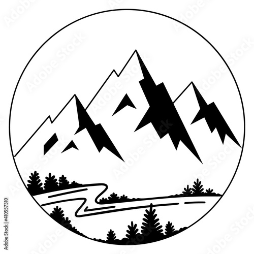 Hand drawn vector illustration of mountain landscape in a circle. River and trees in forest mountain landscape. Hight mountain peaks logo, line sketch icon. Black lines isolated on a white background.