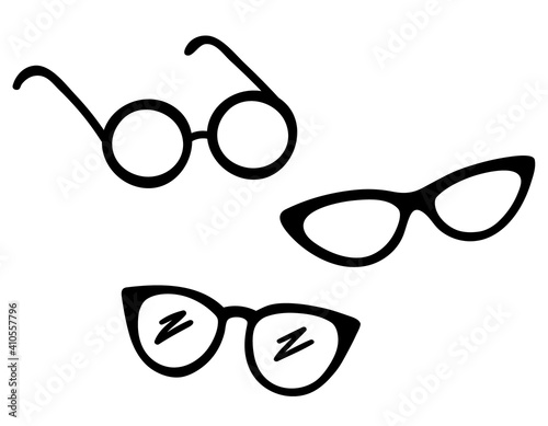 Hand-draw womens trendy glasses or sunglasses in doodle style for your design. Glasses and Sunglasses silhouettes. Summer sun glasses. Graphic doodle, sketch, contour drawing isolated on white. Vector