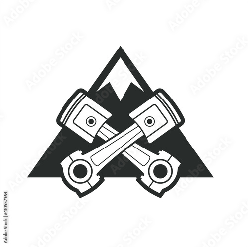 Vector image of pistons and mountains, icon for specialist adventure car repair shops 