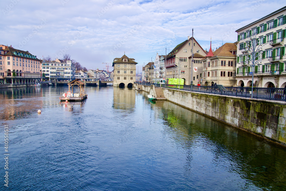 River limmat with old town of Zurich, Switzerland, in the background.
