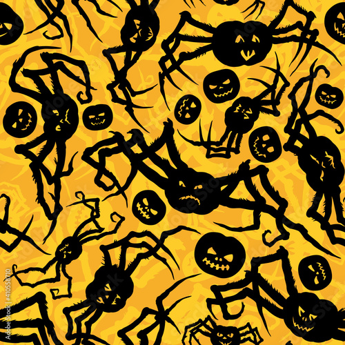 Halloween pumpkin spiders pattern / Seamless background with monsters pumpkins with spiders legs