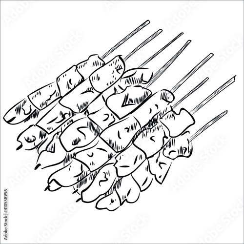 barbecue, kebab, shashlik, Satay Chicken, grilled meat. skewer.Black and white designs. tasty food. pork, beef, chicken meat. chicken tikka.  vector eps 10