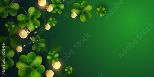 Horizontal Postcard for St. Patrick's Day. Clover leaves with coins on dark green background for greeting holiday design with space for text Vector illustration.
