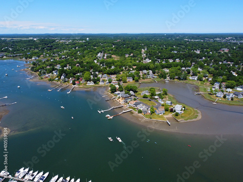 Aerial view of Danvers Fosters Point at the bank of Crane River in city of Danvers, Massachusetts MA, USA.  photo