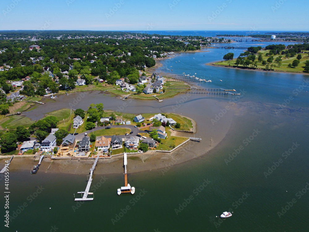 Aerial view of Danvers Fosters Point at the bank of Crane River in city of Danvers, Massachusetts MA, USA. 