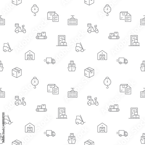 Seamless pattern with logistics and delivery icon on white background. Included the icons as box, shopping, commerce, retail, trade, merchandise, container, vehicle, truck And Other Elements.