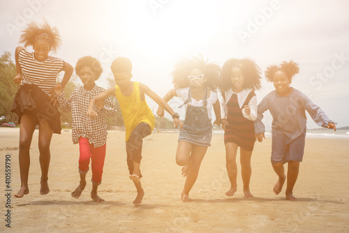 family holiday summer, kids happiness vacation on the beach, group of black family happy summer. 