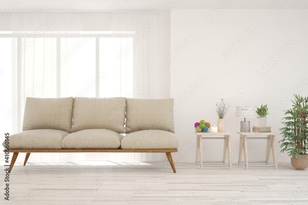 White living room with sofa. Scandinavian interior design. 3D illustration White living room with sofa. Scandinavian interior design. 3D illustration