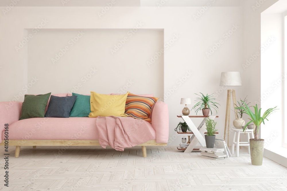 Naklejka premium White living room with sofa. Scandinavian interior design. 3D illustration