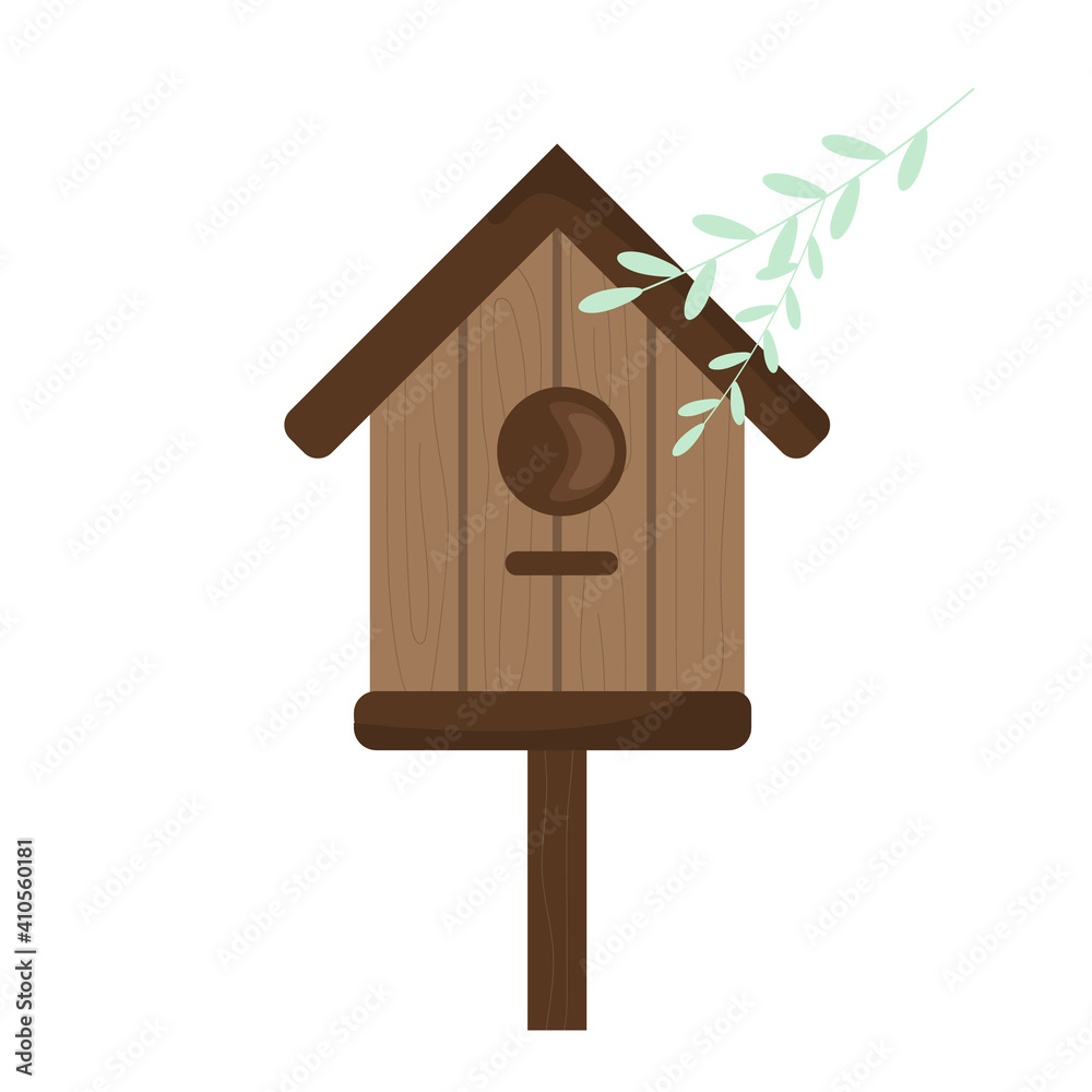 Wooden birdhouse and green branch. The concept of the arrival of spring. House for birds from boards. Isolated on a white background. Vector illustration. Flat style.
