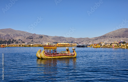 The Traditional reed boat of the Uros islands, Lake Titicaca, Puno, Peru