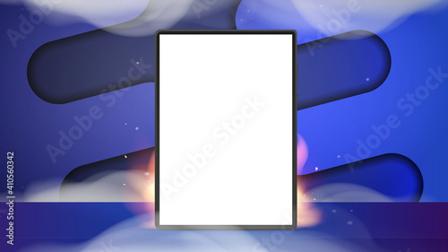 Tablet with white screen on fire and smoke. Hot sale, stock or promo concept. Ready advertising banner or poster. Realistic style. Vector illustration.