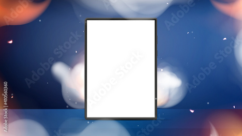 Tablet with white screen on fire and smoke. Hot sale, stock or promo concept. Ready advertising banner or poster. Vector illustration.